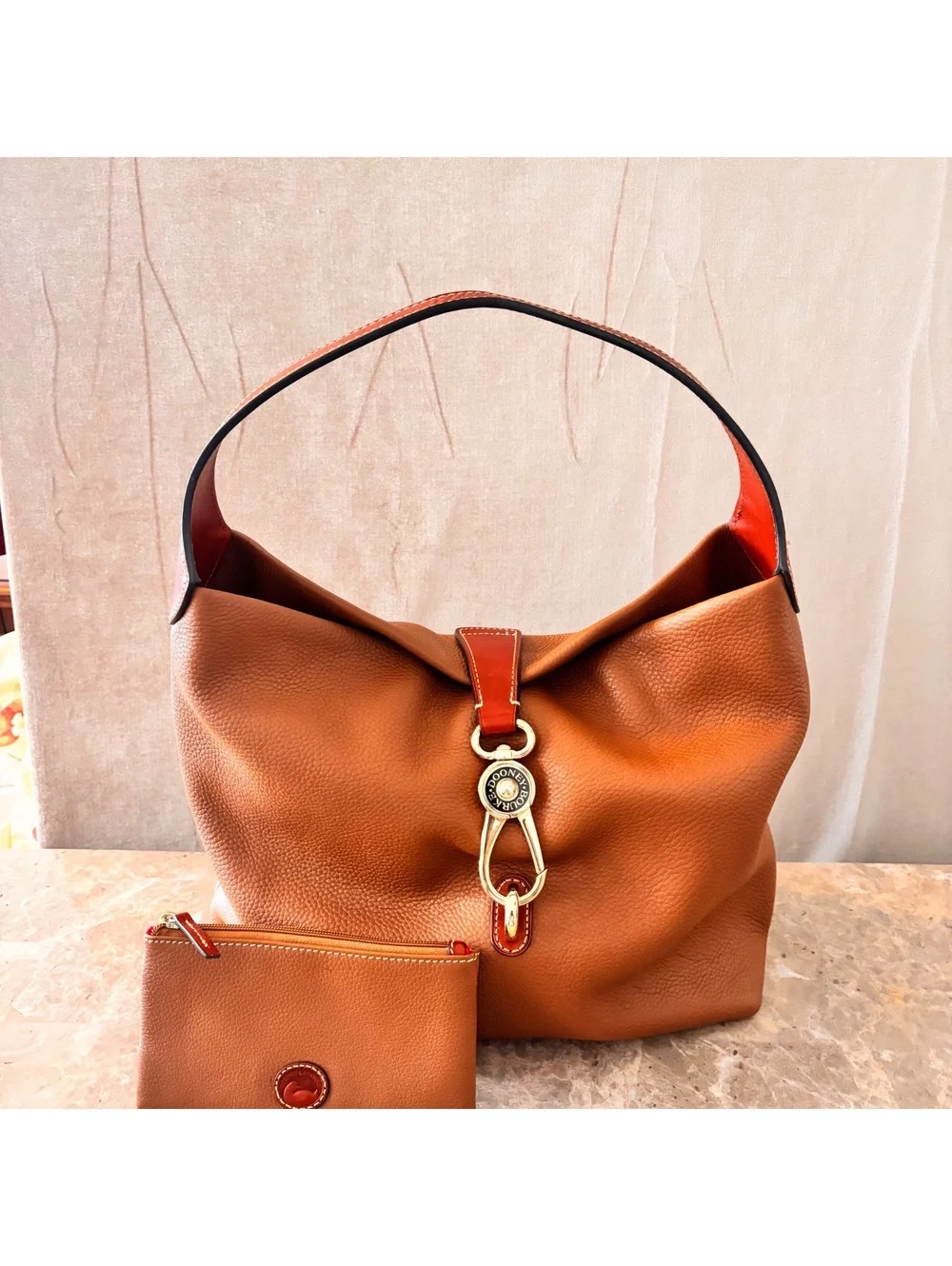 Dooney & Bourke Pebbled Leather Hobo Shoulder Bag with Matching Wristlet - Cognc